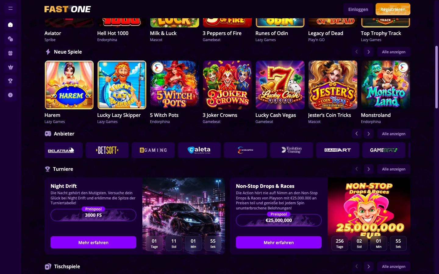 Spielelobby von F1 Casino mit Slots und Turnieren